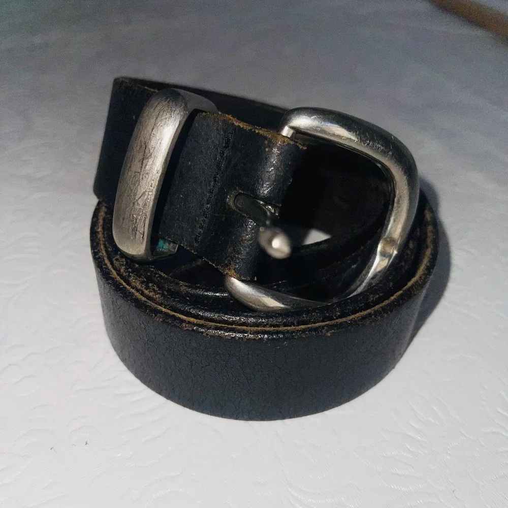 VTG Distressed Black Leather Work Belt with Heavy Silver-Tone Harness Buckle 36